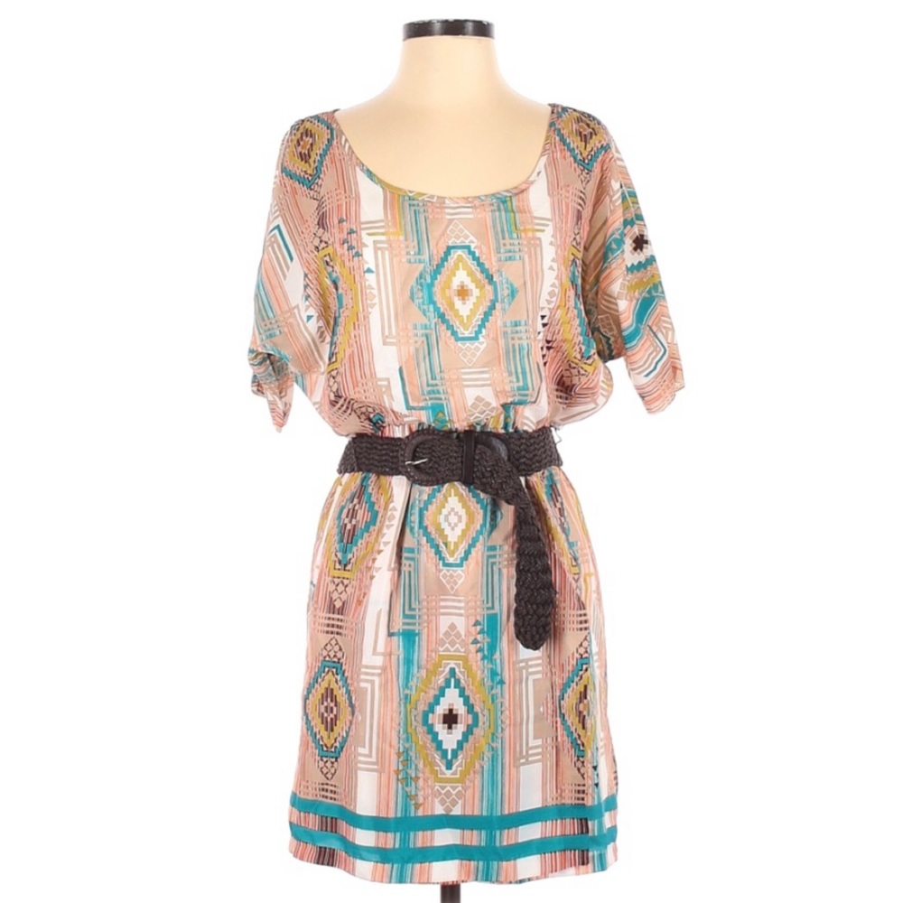 Womens Aztec Geometric Print Blouson Mini Dress with Braided Belt Multicolor